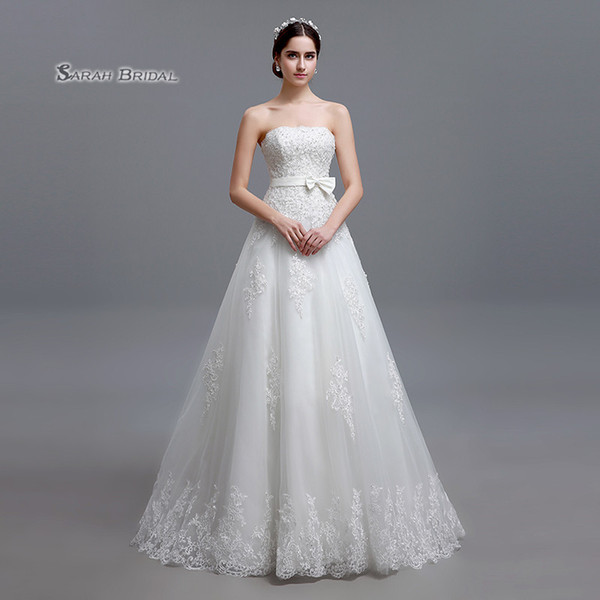 Gorgeous A-line Sleeveless Bow Sweetheart Lace Up Appliques Sweep Train Sleevless Tulle Wedding Bridal Gowns LGM15