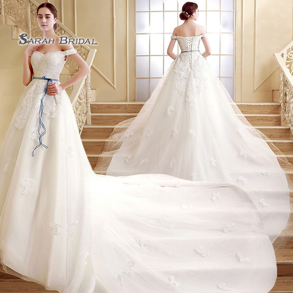 Gorgeous A-line Sleeveless Off Shoulder Lace Up Appliques Sash Chapel Train Sleevless Tulle Wedding Bridal Gowns SQS03