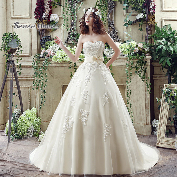 Gorgeous A-line Sleeveless Lace Up Sweetheart Appliques Bow Sweep Train Sleevless Tulle Wedding Bridal Gowns SQS039