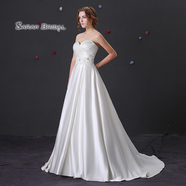 White Modest A-line Strapless Zipper Back Lace Sweep Train Sleevless Bride Dress Satin Wedding Bridal Gowns 3901