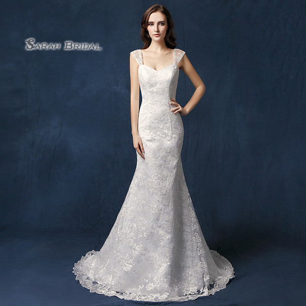 Gorgeous Mermaid Cap Sleeves Sweetehart Lace Up Appliques Sweep Train Lace Sleevless Wedding Bridal Gowns SQS042