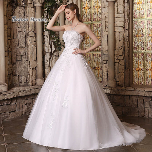 White Gorgeous A-line Crystals Sleeveless Lace Strapless Tulle Bride Ball Gown Wedding Bridal Wear 3905