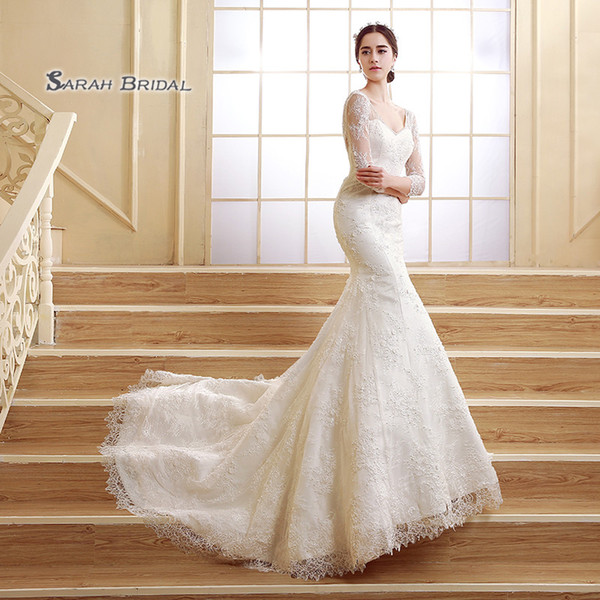 Long Sleeves Mermaid Backless V-neck Tulle robe de marriage Bride Beach Wedding Bridal Wear ZCL07