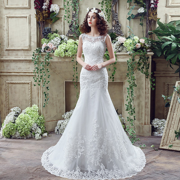 Gorgeous Mermaid Sleeveless Jewel Backless Appliques Sweep Train Lace Sleevless Wedding Bridal Gowns SQS045