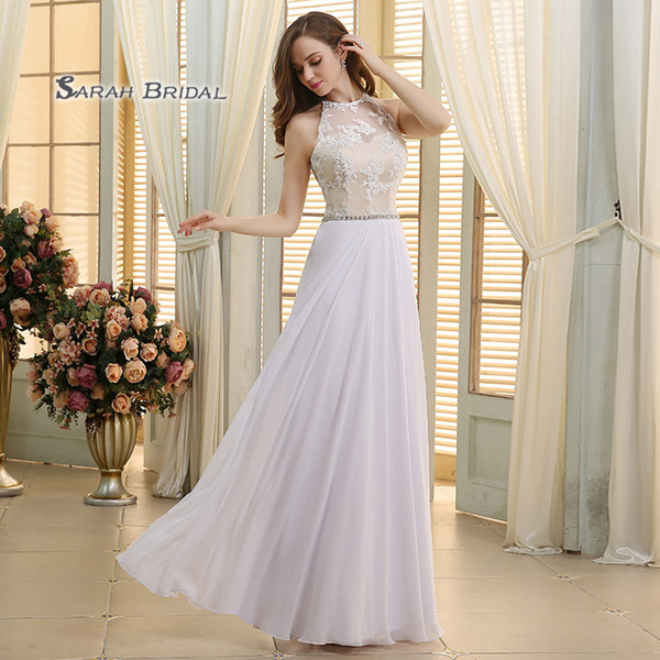 Long White A-line Crystals Sleeveless Lace Chiffon robe de marriage Bride Beach Wedding Bridal Wear 3909