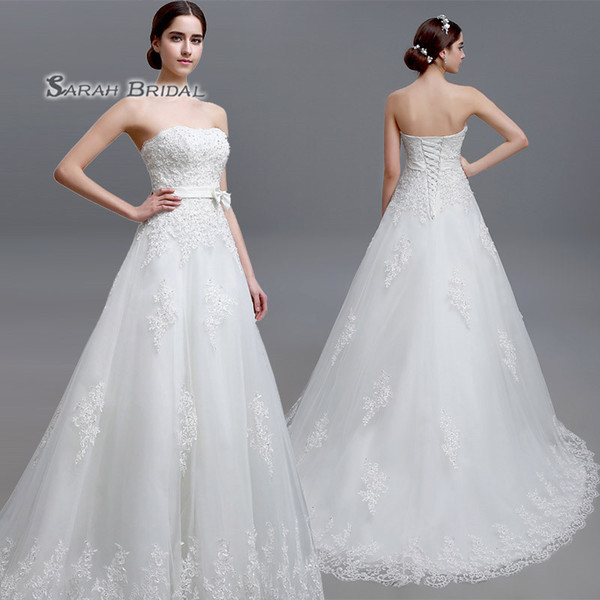 Long White Lace A-Line Strapless Tulle Appliques Bride Ball Gown Wedding Dress Bridal Wear LGM15