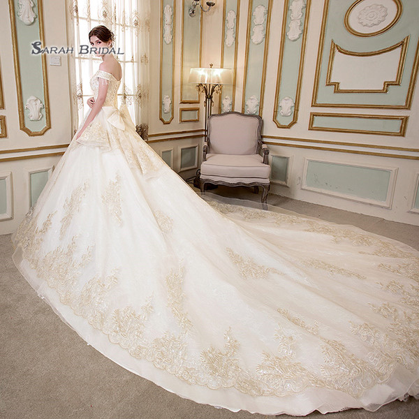 Long Luxury Champagne Lace A-Line Tulle Appliques Off Shoulder Bride Ball Gown Wedding Dress Bridal Wear 3953