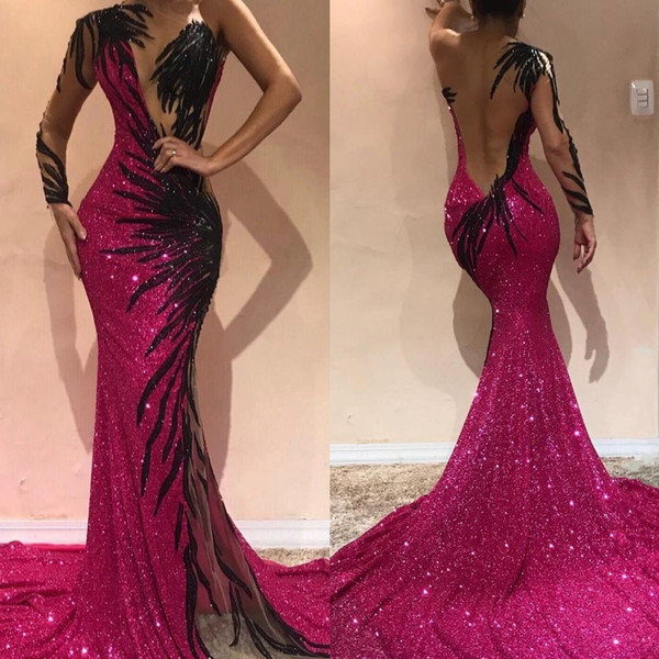 Plus Size Gorgeous Fuchsia Mermaid Evening Dresses Open Back Sequined One Shoulder Evening Prom Gowns Arabic Pageant Celebrity Dress