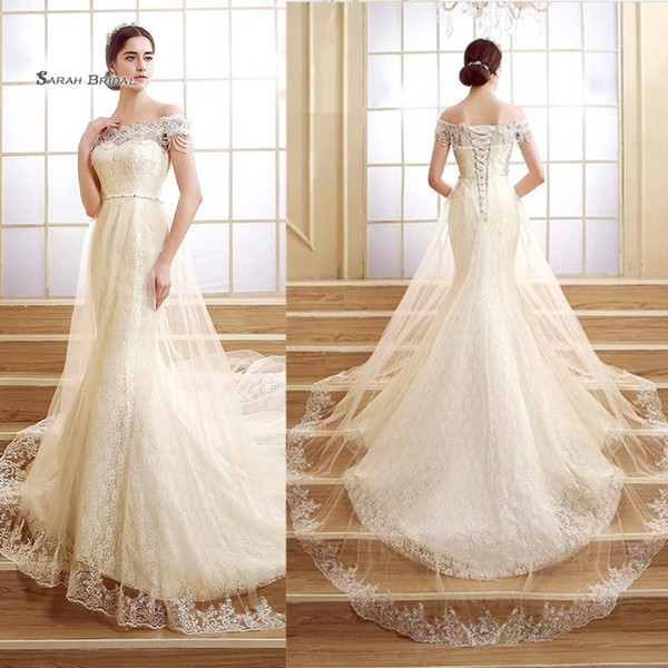 Gorgeous Mermaid Sleeveless Off Shoulder Lace Up Appliques Pearls Sweep Train Sleevless Tulle Wedding Bridal Gowns SQS02