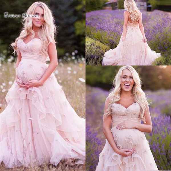 Boho Pink Maternity Wedding Dresses New Applique Sweetherat Empire Pregnant Ruffles Tulle Bridal Gowns Custom Made