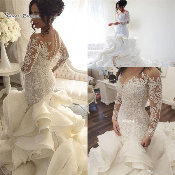 Plus Size Fashion Mermaid Wedding Dresses Lace Long Sleeve Muslim Vestido De Noiva Romantic Appliques Ruffles Wedding Gowns