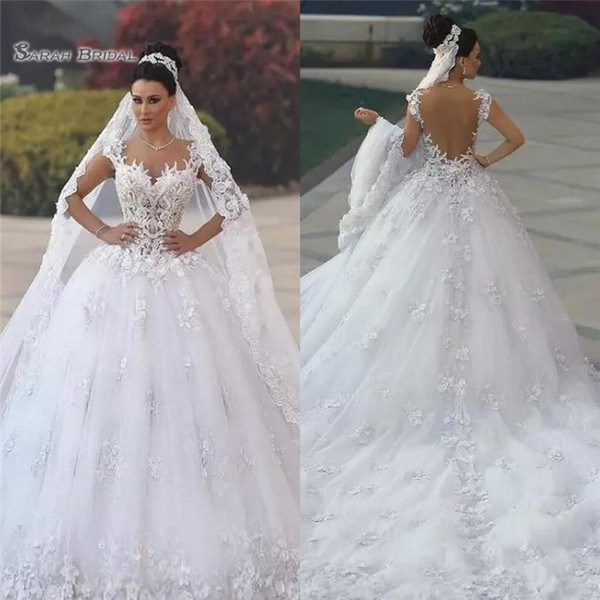 Luxury Princess Beach Ball Gown Wedding Dresses vestido de noiva de renda 3D Floral Lace Applique Boho Bridal Gowns