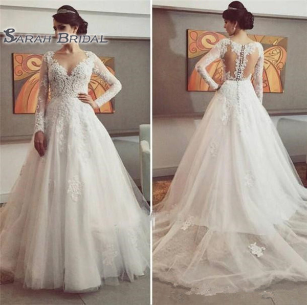 Modest Long Sleeves V-neck Wedding Dresses Bridal Gowns Lace Appliques Tulle A Line Custom Made Country Wedding Dress vestidos de novia