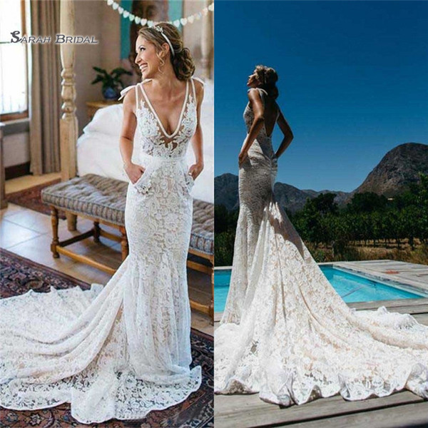 Lace Mermaid Wedding Dresses Backless Deep V Neck Sweep Train with Pockets Sheer Summer Garden Wedding Dress