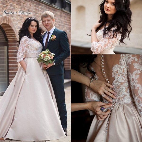 Plus Size Long Lace Sleeves Wedding Dresses A Line Satin Bridal Gown with Button Back Formal Bride Dress