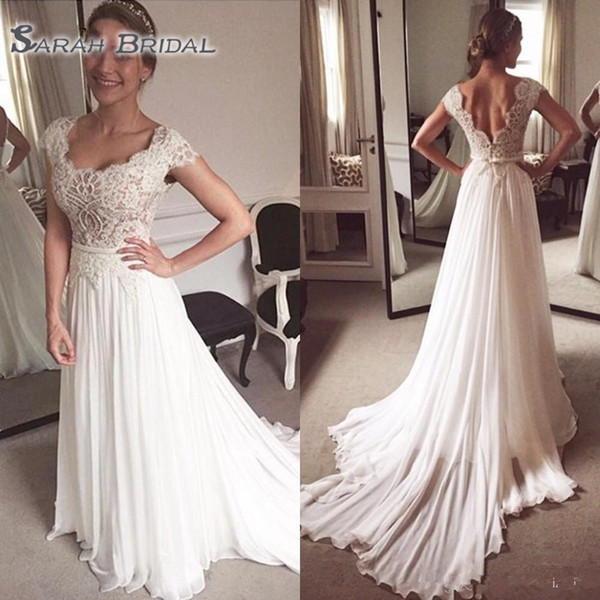 New Summer Beach Wedding Dress A Line Scoop Neckline Cap Sleeve Long Chiffon Bridal Gown Lace Bodice Sweep Train Marriage Gown