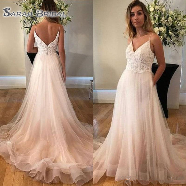 Spaghetti Straps Wedding Dresses Lace Appliques Top Open Back Tulle Skirt Bridal Gowns Formal Dress Custom Made