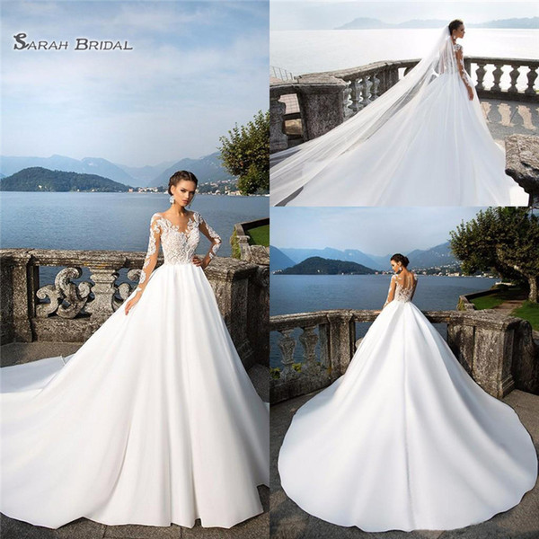 A-Line Lace Satin White Party Wedding Dresses Long Sleeves V-Neck Sheer Sleeves Trains Buttons Back Bridal