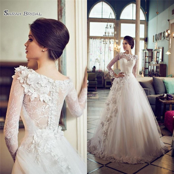 A Line Lace Wedding Dresses with Long Sleeves vestido de noiva Custom Made Bridal Gowns Hand Made Flowers Wedding Dress