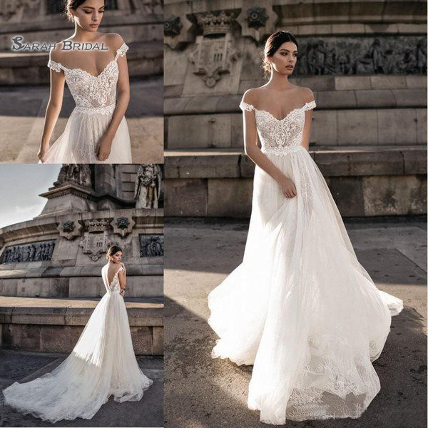 Simple Elegant A-line Bohemian Wedding Dresses Off Shoulder Lace Tulle Sweep Train Backless Bride Vestidos De Novia Bridal Gown