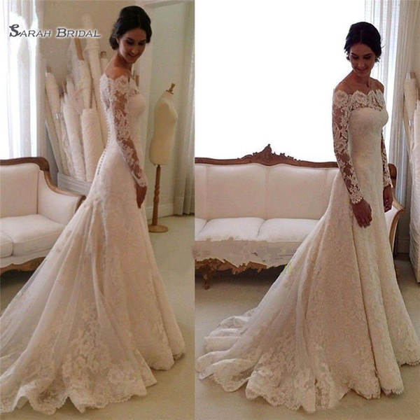 Vintage Romantic Lace Off Shoulder Button Back Wedding Dresses Long Sleeve Long Train Bridal Party Gowns