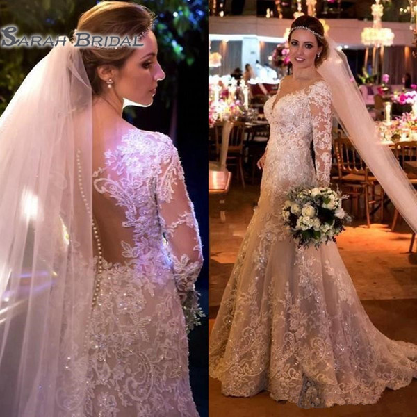 Arabia Dubai Pearls Beads Wedding Dresses Sparkly Crystal Lace Applique Long Sleeve Wedding Gowns Vintage V-Neck Mermaid Wedding Dress