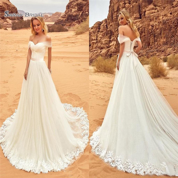 Modest A Line Off Shoulder Wedding Dresses Bridal Gown Lace Up Back Ivory Bridal Gowns