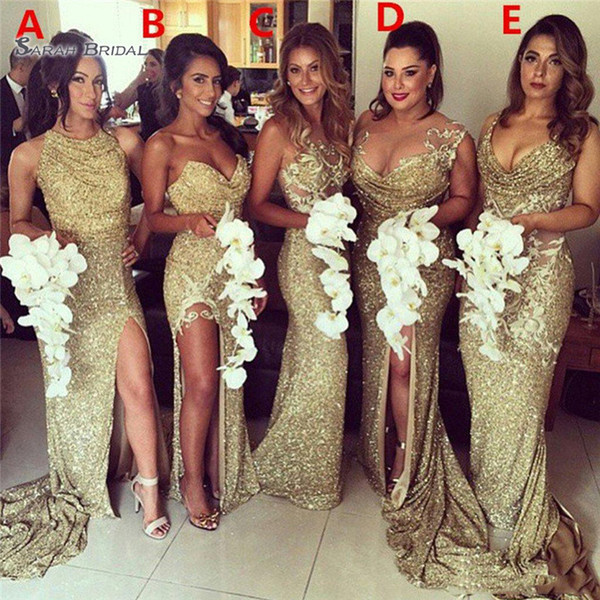 Sparkly Gold Sequins Mermaid Bridesmaid Party Dresses High Slit Maid Of The Honor Gowns Wedding Evening Dress