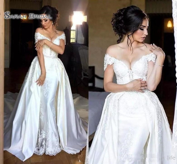 New Mermaid Wedding Dresses with Detachable SkirtOff The Shoulder Sleeves Lace Appliques Beads Belt Overskirts Wedding Bridal Gowns