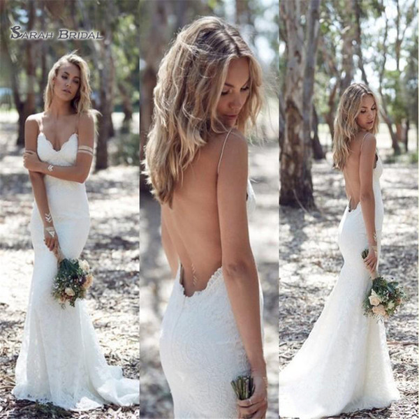 White Bohemian Wedding Dresses Mermaid Spaghetti Straps Bride Backless Lace Bridal Gown Vestidos De Novia