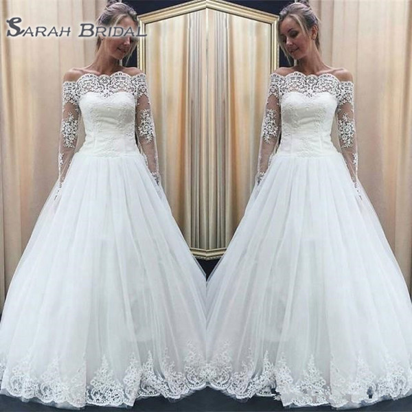 Off Shoulder Full Lace Wedding Dresses Vintage Applique Long Illusion Sleeves Sweep Train Wedding Bridal Gowns For Wedding Party