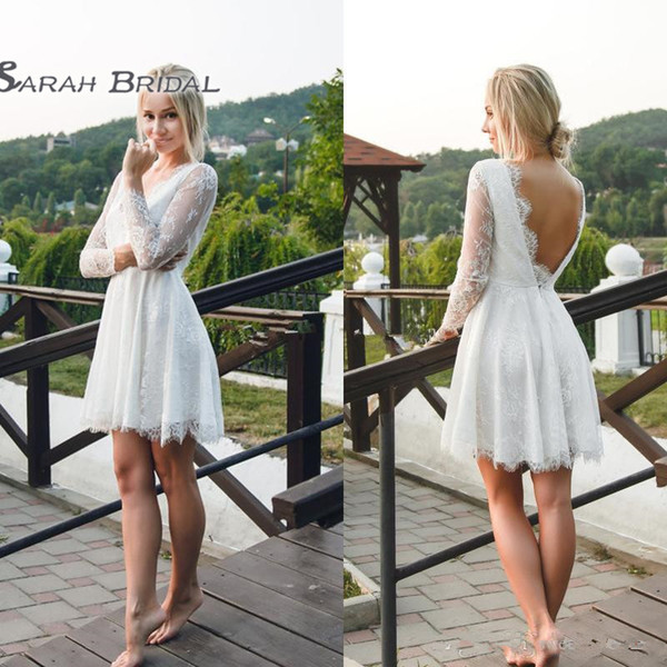 Fashion Long Sleeve Sexy Backless Short Lace Wedding Dresses V Neck A Line Bridal Gowns little white dresses Customed