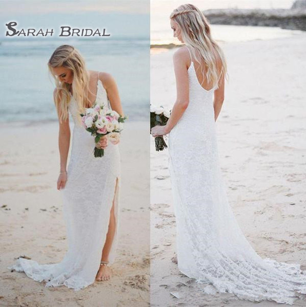 Sexy Beach Wedding Dresses sheath Spaghetti V neck Sweep Train With Full Lace Side Split Wedding Bridal Gowns