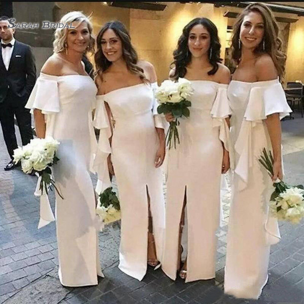 White Off Shoulder Bridesmaid Dresses Floor Length Front Split Maid Of Honor Gowns Chiffon Long Bridesmaid Dress