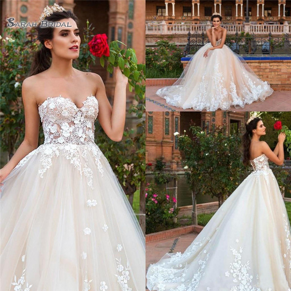 Sexy Sweetheart Long Bridal Ball Gown Wedding Party Dresses Elegant Lace Appliques Bride Dress Lace Up Vestidos De Novia