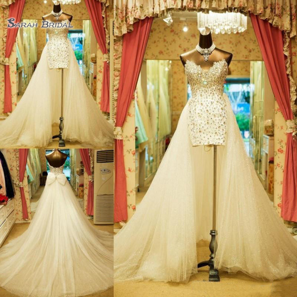 Sheath Wedding Dresses Sexy Sweetheart Crystals Beaded Lace Up Back Bridal Gowns With Overskirt Tulle Sweep Wedding Vestidos