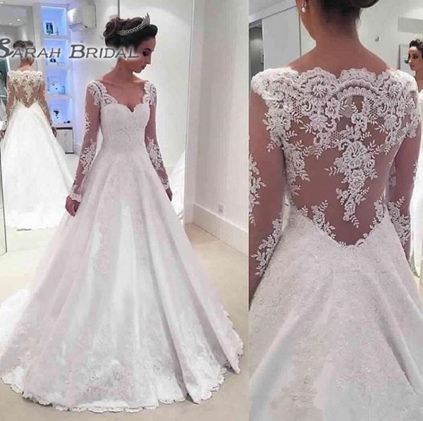 Vintage Tailor Made Wedding Dresses Cheap Scoop Long Sleeve Sheer Back With Applique Sweep Train Custom Made Bridal Gowns