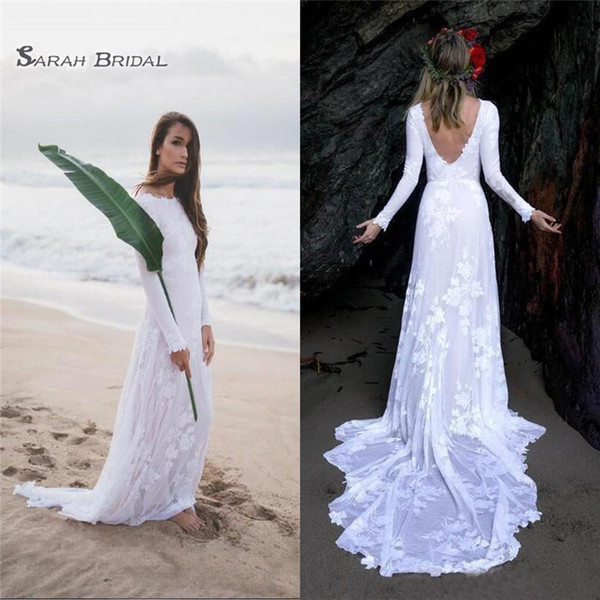 White Summer Bohemian Wedding Dresses Lace Long Sleeves Sexy Backless Bridal Gowns for Beach Gardens Cheap Wedding Gowns