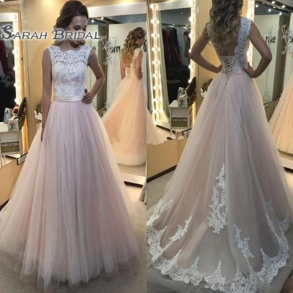 vestidos de noiva Vintage Blush Pink Wedding Dresses A Line Backless Custom Made Lace Bridal Gowns Sweep Train