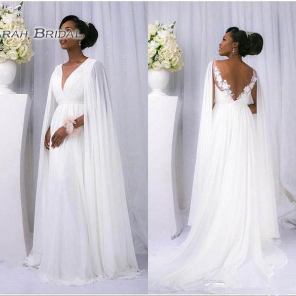 Vintage Beach Wedding Dresses with Cape A Line Lace Chiffon V-neck Backless African Summer Bohmiean Country Pregnant Bridal Gowns