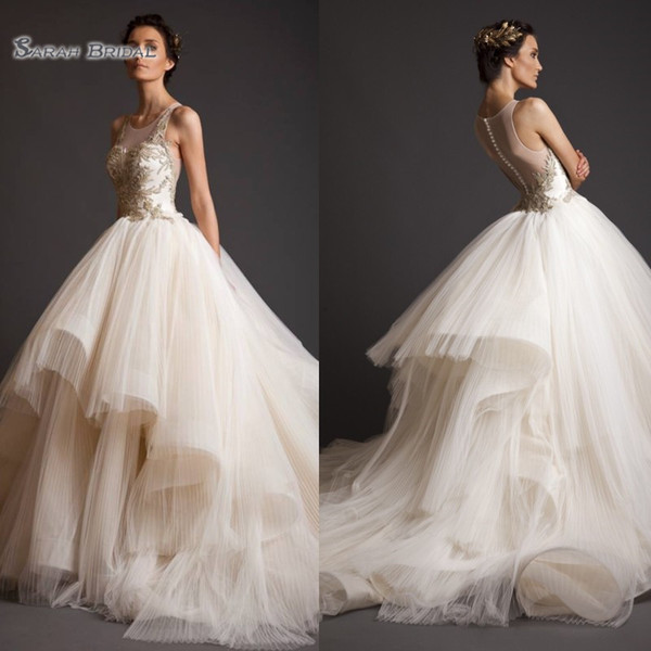 Krikor Jabotian Arabic A Line Appliques Wedding Dress Sleeveless Tiered Skirts Tulle Bridal Party Vestidos De Novia