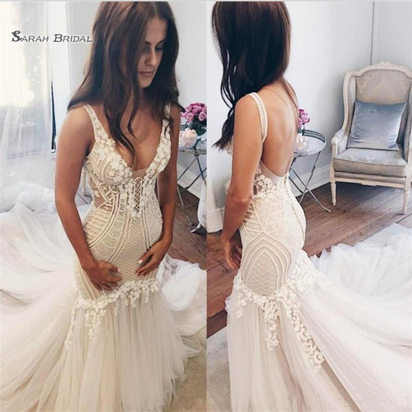 Sexy Lace Bohemian Mermaid Wedding Dresses With Deep V-neck Backless Tulle Train Country Garden Bridal Dress Vestidos De Novia