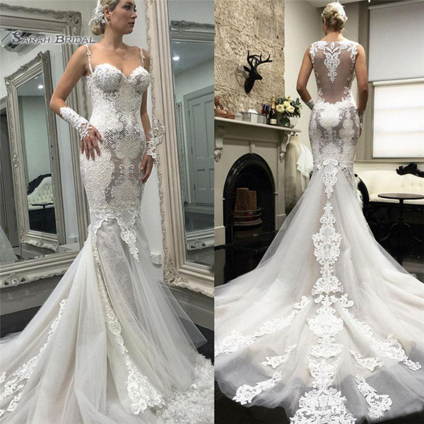 Amzaing Mermaid Lace Wedding Dresses Backless Bridal Gowns Appliqued Sweep Train Tulle Vestidos De Noiva