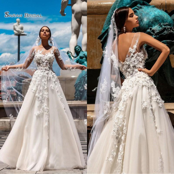 Glamorous Spring 3D Floral A Line Wedding Dresses Floor Length Beach Wedding Dress Boho Bridal Gowns