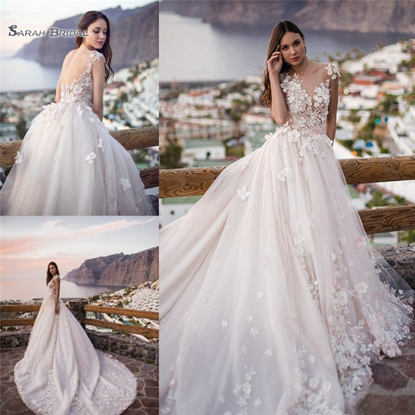 Oksana Mukha Bridal Bohemia Beach Bride Gowns Lace 3D Floral Applique Backless Sweep Train Wedding Dress