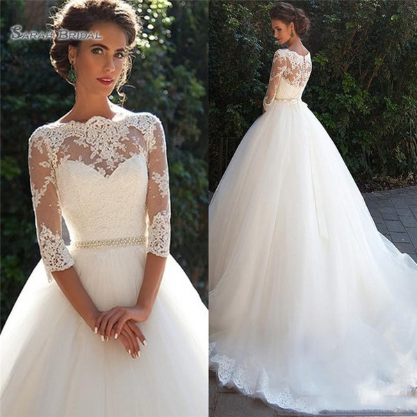 Cheap Applique Lace Country Wedding Dresses With Tulle Sweep Train Long Sleeves Bridal Gown robe de mariée