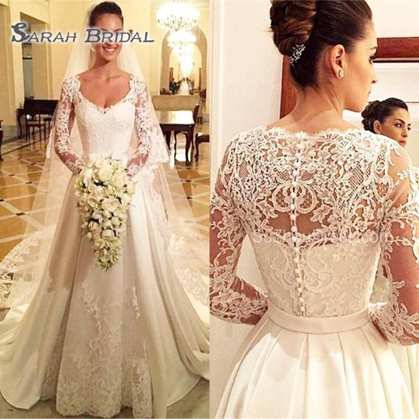 Modest Lace Robe de marriage Sheer Long Sleeves Lace Appliques A Line Bridal Wedding Gowns Sexy V Neck Buttons Wedding Dress BA9260