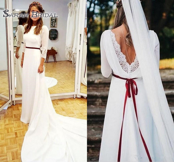 Long Sleeves A Line Boho Wedding Dresses Backless Beach Satin Wedding Gowns For Brides Plus Size Bridal Dress Custom Made