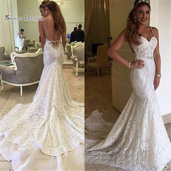 Berta Mermaid Ruffles Wedding Dresses Backless Bridal Gowns Spaghetti Lace Wedding Dress Vestidos de Noivas