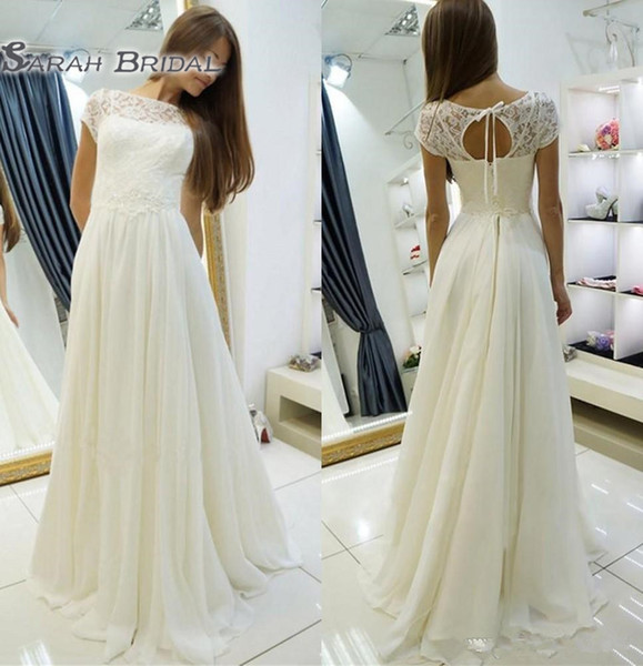 Lace chiffon A-line Beach Boho Wedding Dresses With Cap Sleeves Bridal Gowns Corset Back Simple Summer Beach Informal Wedding Dresses